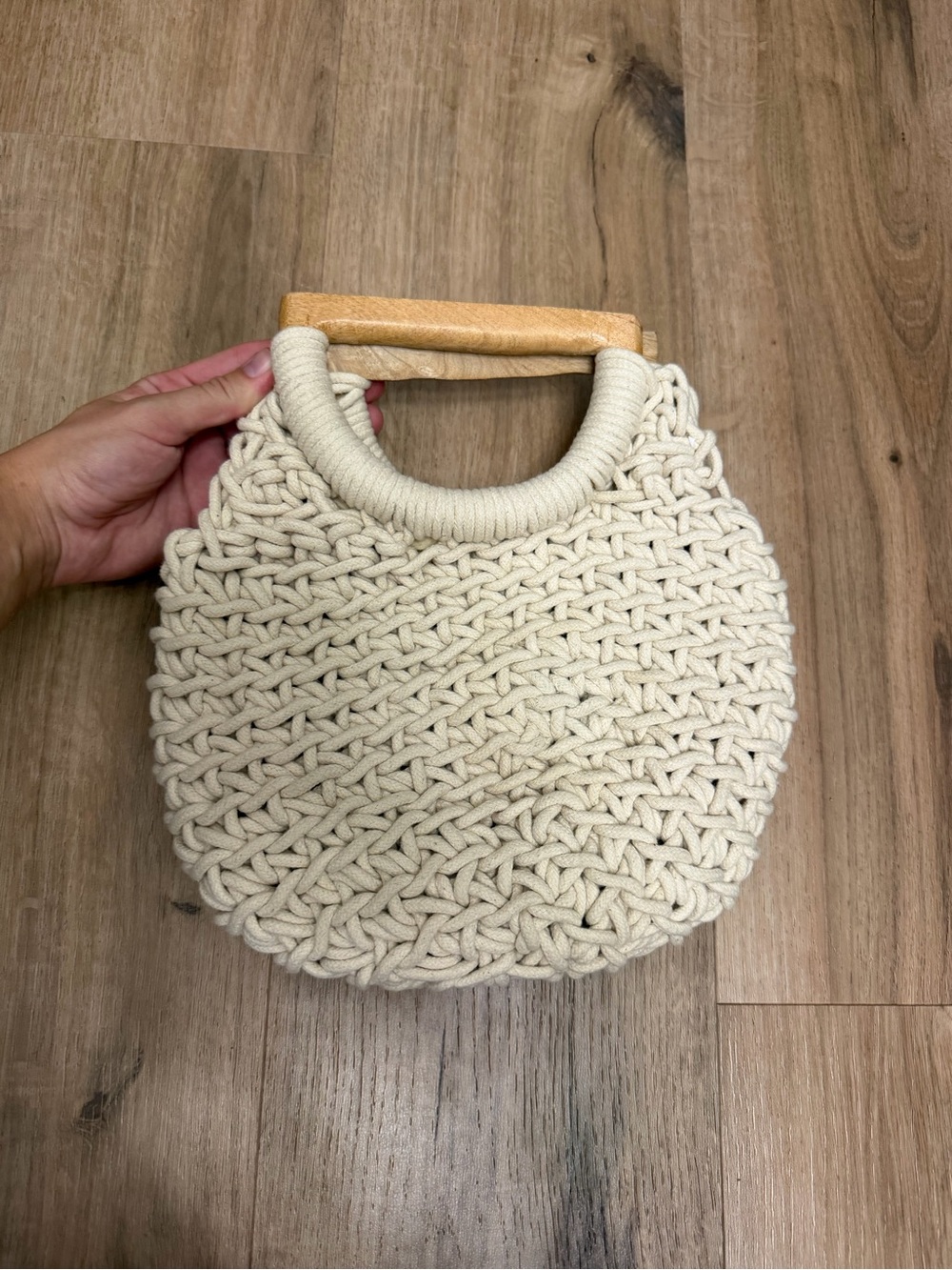 a new day Cream Macramé Satchel with Wooden Handle